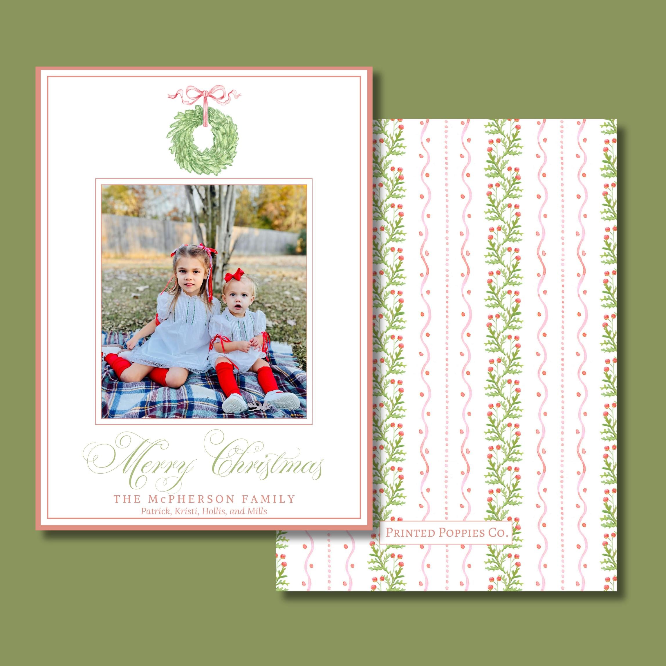 Merry Christmas Card, Grandmillennial Christmas Card, Water Color Christmas Card, Preppy Christmas, Classic, Traditional Christmas, Bow