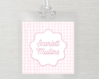Personalized Kids Luggage Tag | Laminated | Diaper Bag | School Bag ID Tag with Allergies & Contact Info | Bag Tag | Pink Gingham Girl