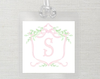 Personalized Kids Luggage Tag | Laminated | Diaper Bag | School Bag ID Tag with Allergies & Contact Info | Bag Tag | Pink Monogram Crest
