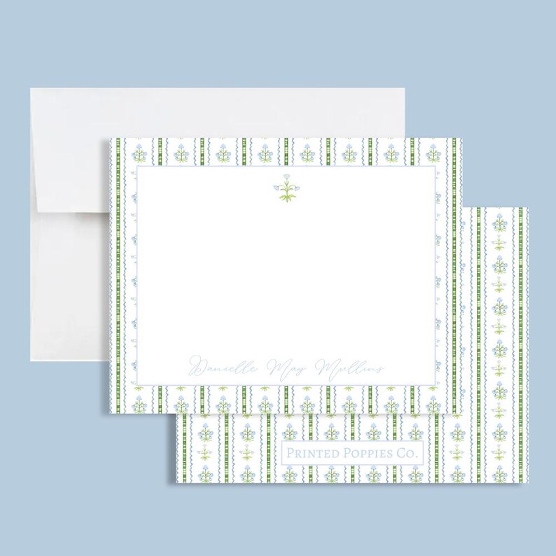 Personalized Floral Green and Blue Block Print Stationery for Women ...