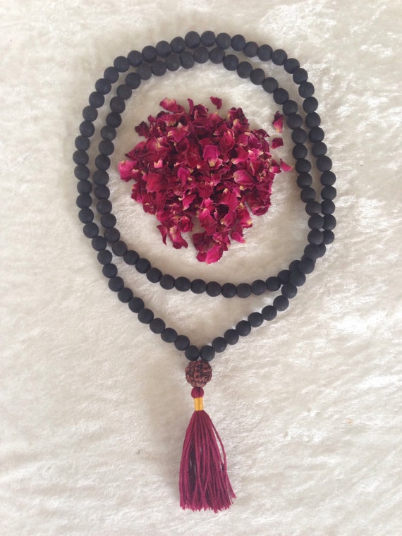 Rudraksha Buddhist Mala Beads Necklace with Red Tassels - One