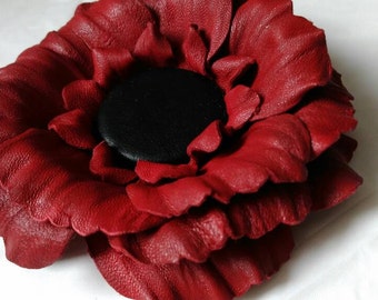 Flower leather brooch, Red and Black flower brooch , Flower brooch, Brooch leather, Accessory women, Gift idea, Brooch flower