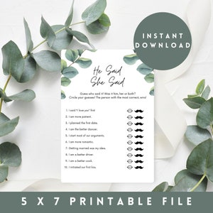 Eucalyptus Bridal Shower Game - DIGITAL DOWNLOAD - Wedding Shower Game PRINTABLE - Bridal Brunch - Instant Download; He Said She Said Game
