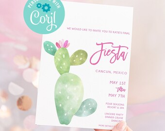 May include: A white invitation card with a watercolor cactus illustration and pink text that reads "Fiesta" and "Cancun, Mexico". The text also includes the dates "May 1st thru May 7th" and details about a resort and spa, a lingerie party, a dinner cruise, and dancing.