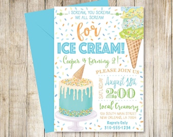 May include: A birthday party invitation for a child turning two years old. The invitation features a blue and white ice cream cake with sprinkles and a melting white frosting. The invitation also features a cone of ice cream with three scoops of ice cream and sprinkles. The text on the invitation reads "I scream, you scream, we all scream for ice cream! Cooper is turning 2! Please join us Saturday, August 18th, 2:00 local creamery 123 South Main Street New Orleans, LA 70124 Regrets Only 310-555-1234"