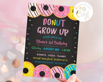 May include: A colorful donut-themed birthday party invitation with the text "Donut Grow Up" and details for Blaire's 3rd birthday party. The invitation features a chalkboard background with colorful sprinkles and donuts.