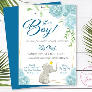 Baby Shower Invitation • Elephant Theme Baby Shower • Baby Boy