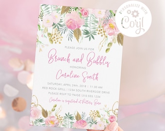 May include: A pink and gold floral design brunch invitation with the text "Please join us for Brunch and Bubbly honoring Caroline Smith" and details for the event.