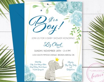 Baby Shower Invitation • Elephant Theme Baby Shower • Baby Boy