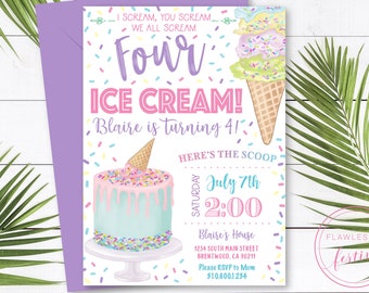 May include: A purple and white birthday invitation with a colorful ice cream cone and cake. The invitation says "Four Ice Cream! Blaire is turning 4!" and includes details for the party, including the date, time, and location.