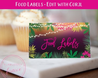 May include: A rectangular food label with a tropical theme. The label features the words "Food Labels" in pink script, surrounded by green leaves and string lights. The background transitions from purple to orange.
