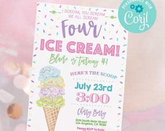 Può includere: Un invito colorato a una festa di compleanno a forma di cono gelato con il testo "Four Ice Cream! Blaire compie 4!" e la data "July 23rd 3:00". L'invito include anche il testo "Cherry Berry" e l'indirizzo "1234 South Main Street Los Angeles, CA 90210".