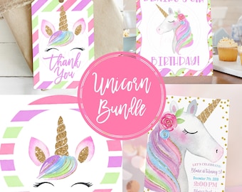 May include: A unicorn party printable bundle with a pink, green, and white striped background. The bundle includes a thank you tag, a birthday invitation, and a circle sticker with a unicorn face. The text on the invitation reads "Blaire's 6th Birthday!" and the text on the thank you tag reads "Thank You".