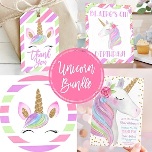 Unicorn Birthday • Bundle • Digital • Editable with Corjl • Invitation • Bottle Wraps • Cupcake Toppers • Printables