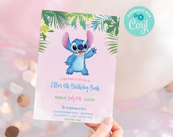 May include: A pink and blue birthday party invitation featuring Stitch from Lilo & Stitch. The invitation says "Come make a splash at Ella's 5th Birthday Bash" and includes the date, time, and location of the party.