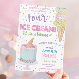 May include: A colorful ice cream themed birthday party invitation for a girl turning four. The invitation features a pink and blue ice cream cake with sprinkles and a dripping pink frosting. The text reads "Four Ice Cream! Blaire is turning 4!" and includes details about the party, including the date, time, and location.