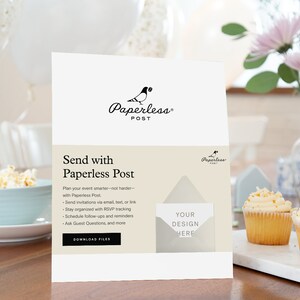 May include: A white card with the text "Send with Paperless Post" and a list of features. The card is on a table with a bowl of popcorn, cupcakes, and flowers in a vase.
