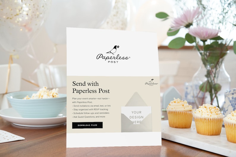 May include: A white card with the text "Send with Paperless Post" and a list of features. The card is on a table with a bowl of popcorn, cupcakes, and flowers in a vase.