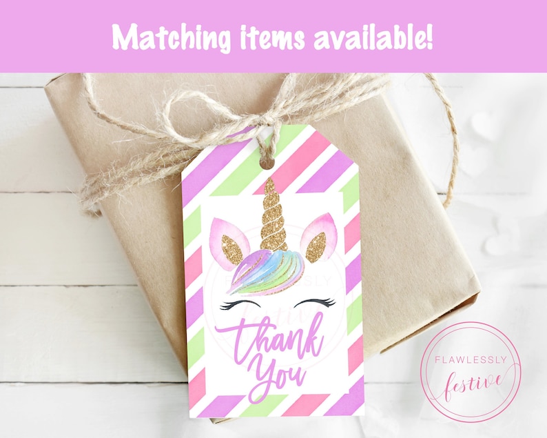 May include: A pink, green, and purple striped gift tag with a unicorn illustration and the text "Thank You".