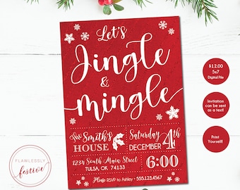May include: Red and white printable invitation for a holiday party. The invitation says "Let's Jingle & Mingle" with snowflakes and holly. The party is at The Smith's House on Saturday, December 4th at 6:00 PM. The address is 1234 South Main Street, Tulsa, OK 74133. Please RSVP to Ashley at 555.123.4567.