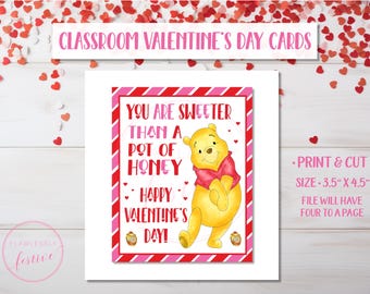May include: Classroom Valentine's Day cards featuring Winnie the Pooh. The cards are pink and red with white stripes. The text on the card reads "You are sweeter than a pot of honey. Happy Valentine's Day!" The cards are 3.5 inches by 4.5 inches and print four to a page.
