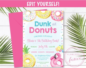 May include: A blue and pink invitation with a donut and flamingo theme. The text reads "Dunk and Donuts Come Make a Splash at Blaire's 5th Birthday Bash! Monday July 8th 6:00PM Dinner Donuts Swimming Our Neighborhood Pool 1234 South Main Street Los Angeles, CA Please RSVP to Cameron 310.444.1234"