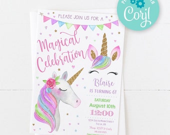 Unicorn Birthday Invitation • Edit Yourself