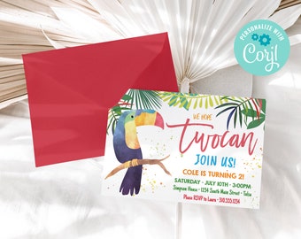May include: A colorful invitation with a toucan illustration and the text "We hope you twocan join us! Cole is turning 2! Saturday, July 10th - 3:00PM Simpson House - 1234 South Main Street - Tulsa Please RSVP to Lars - 310.350.1234"