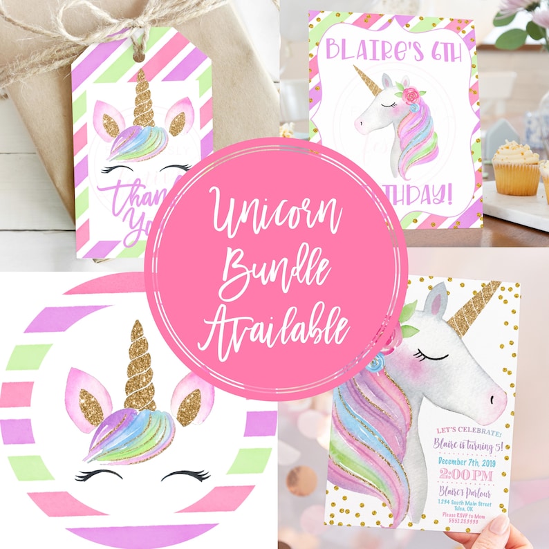 May include: A set of printable unicorn party decorations in pink, purple, green, and gold. The set includes a thank you tag, a birthday invitation, and a round sticker. The text on the invitation reads "Blaire's 6th Birthday!" and the text on the thank you tag reads "Thank You".