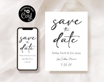 May include: A save the date card with a white background and black text. The text reads "save the date" in a cursive font. Below the text, it says "Ashley Smith & Eric Jones" and "Los Cabos, Mexico" with the date "7.23.24" underneath.