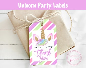 May include: A pink, green, and purple striped gift tag with a unicorn face and the text "Thank You".