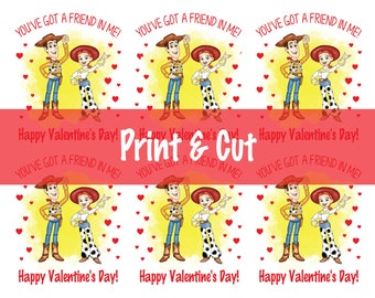 May include: Printable Valentine's Day cards featuring Woody and Jessie from Toy Story. The cards have a yellow background with red hearts and the text "You've got a friend in me!" and "Happy Valentine's Day!"