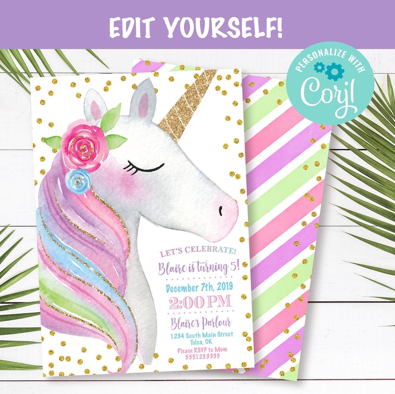 May include: A printable invitation for a 5th birthday party featuring a watercolor unicorn with a gold horn and a pink, blue, and green mane. The invitation has a gold glitter background with white polka dots and the text "Let's Celebrate! Blaire is turning 5! December 7th, 2019 2:00 PM Blaire's Parlour 1234 South Main Street Tulsa, OK Please RSVP to Mom 555123.5555"