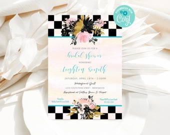 May include: A bridal shower invitation with a black and white checkered background, pink and gold floral accents, and the text "PLEASE JOIN US FOR A bridal shower HONORING Lughton Smith SATURDAY, APRIL 18TH 2:00PM Waterfront Grill 1234 SOUTH MAIN STREET - BRENTWOOD Registered at Pottery Barn & Target Hosted by Ashley Smith & Laura Smith Please RSVP to Laura Smith 300.555.1234"