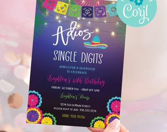 May include: A purple and pink invitation with a colorful Mexican-style design. The invitation says "Adios Single Digits" and "Leighton's 10th Birthday".