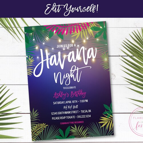 Havana Nights EDITABLE Birthday Invitation Foliage - Etsy