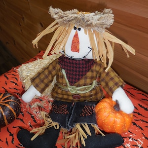 Może przedstawiać: Brązowa i beżowa kukła straszak z kratkowaną koszulą, dżinsowymi spodniami i słomkowym kapeluszem. Straszak trzyma małą pomarańczową dynię i siedzi na czerwono-czarnym materiale z wzorem nietoperza.