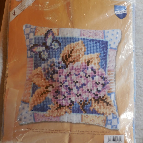 Hortensia And Butterfly Cross Stitch Pillow Kit