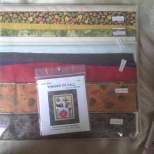 Könnte beinhalten: Ein Paket mit Stoffresten zum Quilten, mit verschiedenen Herbstmotiven. Das Paket enthält ein Muster namens "Shades of Fall" von Cheryl Engstrom. Das Muster enthält Anweisungen zum Nähen einer 30,5 x 40,6 cm großen Decke.
