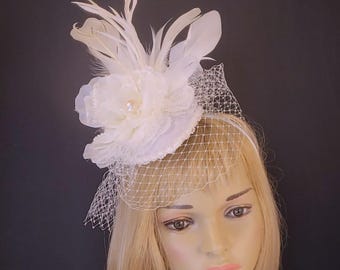 White Kentucky Derby Fascinator, White Bridal Fascinator, White Wedding Fascinator, White Wedding Headpiece, White Dressy Church Hat