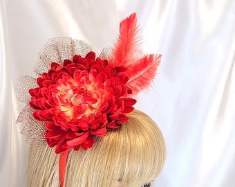 Red Floral Fascinator, Red Hat Society Fascinator, Red Dressy Church Fascinator, Red Wedding Fascinator, Red Mother of the Bride Fascinator