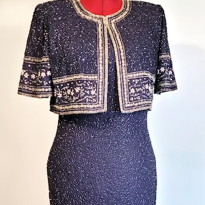 Vintage Laurence Kazar New York 1980&#39;s Blue beaded and silver sequined Holiday and party evening dress, Size PL, Made in India, Formal dress