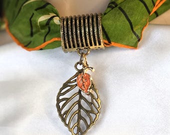 Bronze Leaf Scarf Slide Pendant, Gold Scarf Ring, Bronze Handmade Scarf Jewelry