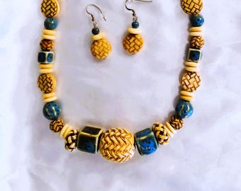 Blue and Gold Beaded Statement Necklace and Earrings Set, Turquoise Large Bead Necklace and Dangle Earrings, Handmade Jewelry Set