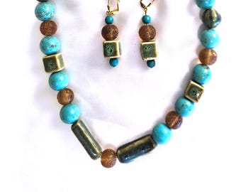 Turquoise and Bronze Beaded Statement Necklace and Earrings, Green Large Bead Necklace and Dangle Earrings, Handmade Jewelry Set