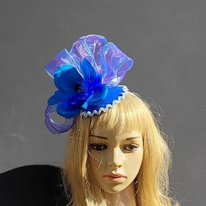 Blue Fascinator Hat, Blue Dressy Church Hat, Blue Mother of the Bride Hat, Blue Floral Fascinator Hat, Blue Wedding Hat, Blue Headband Hat