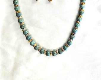 Turquoise and Gold Beaded Statement Necklace and Dangle Earrings, Blue Unique Necklace and Earring Set, Handmade jewelry Set