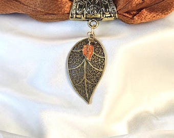 Gold Leaf Scarf Slide Pendant, Orange Accent Leaf, Gold Scarf Ring, Handmade Scarf Jewelry
