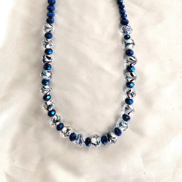 Blue and Silver Beaded Necklace, Handmade Jewelry, Blue Jewelry