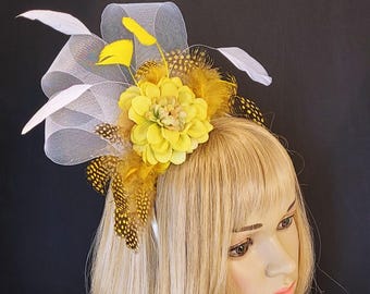 Fascinator yellow feathers, cream and rust flowers Butter Cream & Yellow Floral Wedding Fascinator Derby Ascot  main image 3